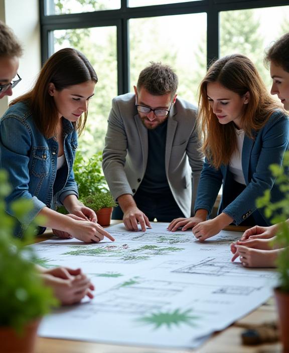 庭の設計図を囲んで話し合うチーム