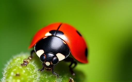 植物についたアブラムシを食べるテントウムシ