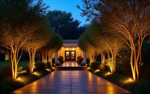 ライトアップされた夜の庭の木々